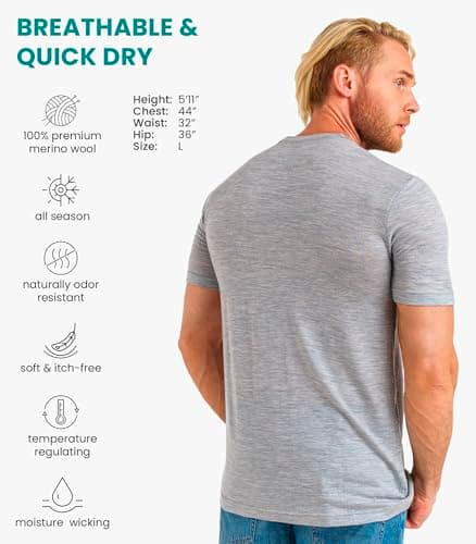 100% Merino Wool T Shirt Mens - Merino Wool Base Layer Men + Hiking Socks (Medium, Melange Grey) — view 2