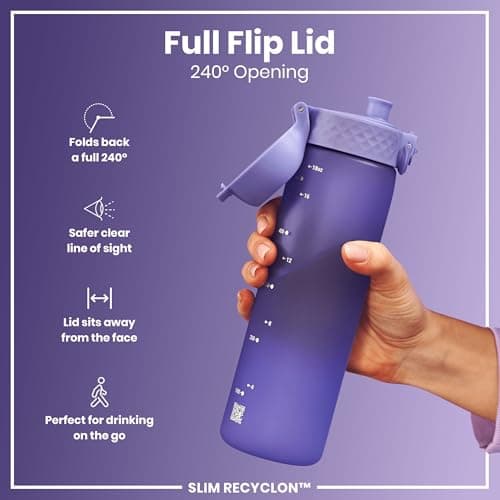 Ion8 Water Bottle, 500 ml/18 oz, Leak Proof, Easy to Open, Secure Lock, Dishwasher Safe, BPA Free, Hygienic Flip Cover, Carry Handle, Fits Cup Holders, Easy Clean, Carbon Neutral, Purple — view 4