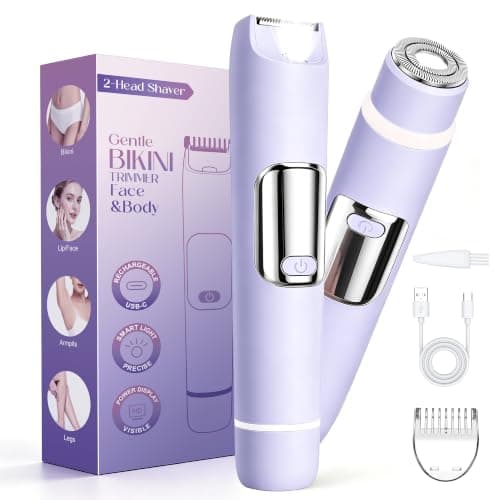 Bikini Trimmer Women 2-in-1 Facial Hair Remover for Women, USB-C Electric Lady Shaver with Digital Display, Dual Head Women Shaver with Smart Light for Pubic, Bikini, Underarm, Travel Lock, Lavender