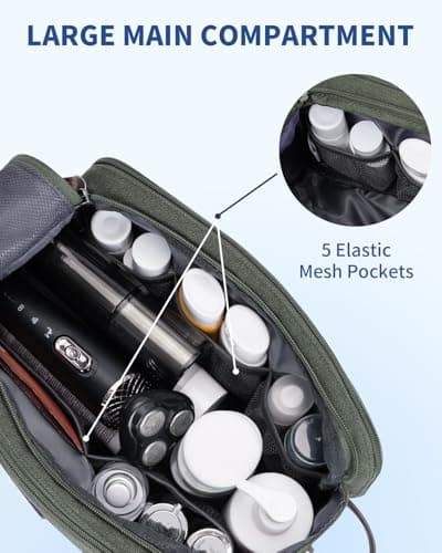 WANDF Toiletry Bag for Men Travel Wash Bag Toiletry Organizer Canvas and PU Leather Dopp Kit Water-Resistant Shaving Kit for Travel Accessories (Green, Patent Pending) — view 3