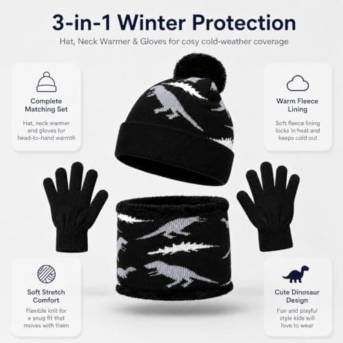 EOAMGO Kids Winter Hat Scarf and Gloves Set 3Pcs, Boys Girls Thermal Knitted Beanie Hat Snood Neck Warmer Gloves Set, Soft Fleece Lined Winter Accessories for Children Age 2-7 (black) — view 2