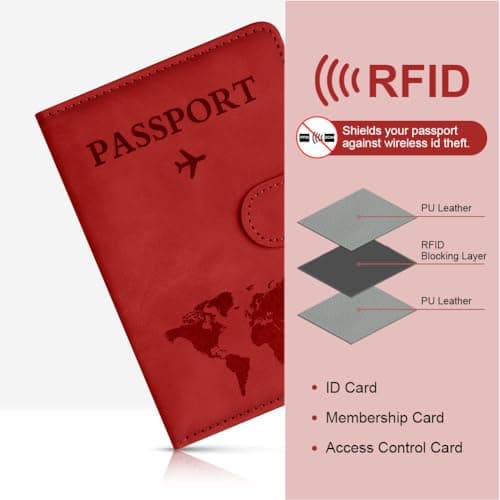 OFFCUP Passport Holder Cover, PU Leather Passport Cover and Luggage Tag Set with RFID Blocking Travel Wallet, Universal Travel Wallet Case Organiser for Money, Boarding Passes, Credit Cards Red — view 5
