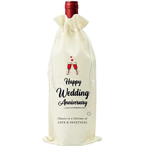 Omoojee Wedding Anniversary Wine Bag, Couple Gift for Married Anniversary, Flax Drawstring Wine Bag (1 Pack)