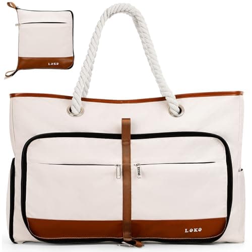 Lekespring Waterproof Beach Bag for Women - Tote Bags with Zip and Pocket, Fldable Travel Shoulder Bag with Shoe Compartment, Enhanced with Bottom Elastic Strap (Beige)