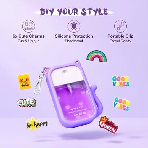FrostyFlair Small Silicone Protective Case for 30ml Hand Sanitiser Bottles - Portable Cat-Shaped Cover with 6 Charms and Keyring (1 Piece, Purple) — view 3