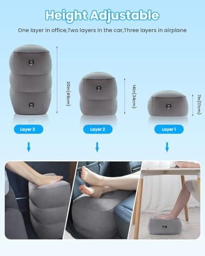 Airplane FootRest: Inflatable Footrest for Kids to Sleep, Adjustable Height Leg Rest Pillow in Office & Home, Toddlers Travel Bed Box (Light Grey - 1Pack) — view 2