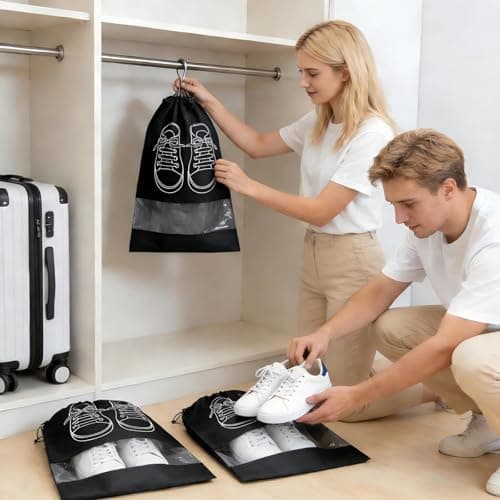 10Pcs Travel Shoe Bags, 44 x 32cm Dust Proof Shoe Storage Bags, Large Drawstring Non-Woven Shoes Storage Bags, Drawstring Shoe Bag for Daily and Travel Use (Black) — view 3