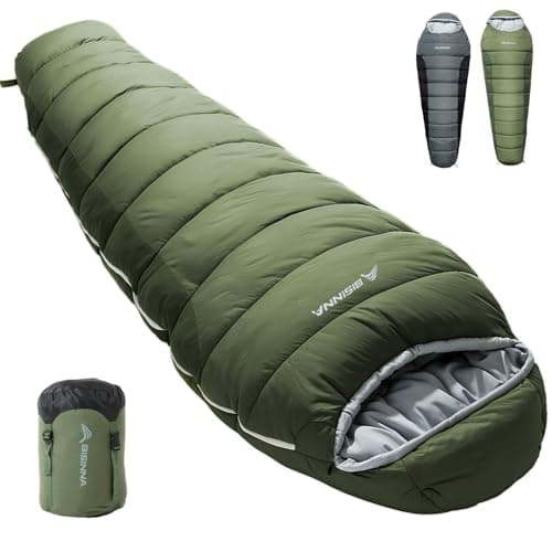 BISINNA 4 Season Mummy Sleeping Bag for Adults Cold Weather with Adjustable Hood, Phone Pocket for Hiking, Camping, Traveling, Adults & Kids (Green)