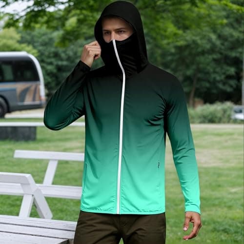 Duohropke Hooded Jacket Men's Sun Protection Sports Jacket Full Zip Windbreaker Running Coat with Thumb Holes UV Shirt Long Sleeve Rash Guard with Mask Travel Hoodie Sun Protection Shirt Training — view 2