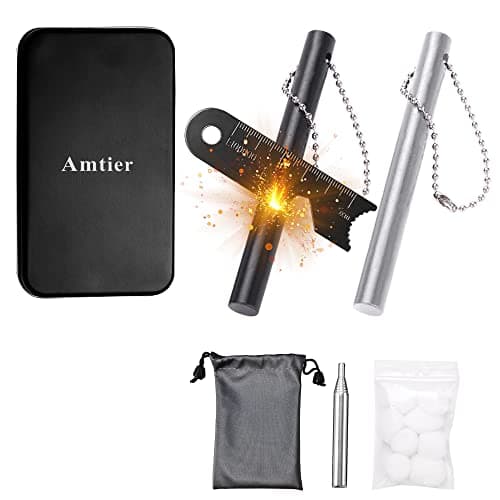 Amtier Fire Steel Flint Survival, Fire Starter Set for Outdoor Survival Camping, Magnesium Ferrocium Rod Firesteel with Scale Scraper & Burning Cotton, Outdoor Emergency Survival Tool for Travel