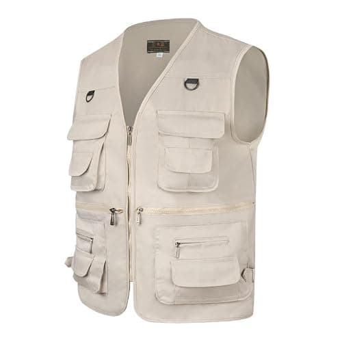 AOTORR Men’s Fishing Vest Casual Outdoor Work Safari Fishing Photo Cargo Vest Summer Jacket With Multi Pockets Light Khaki M — view 4