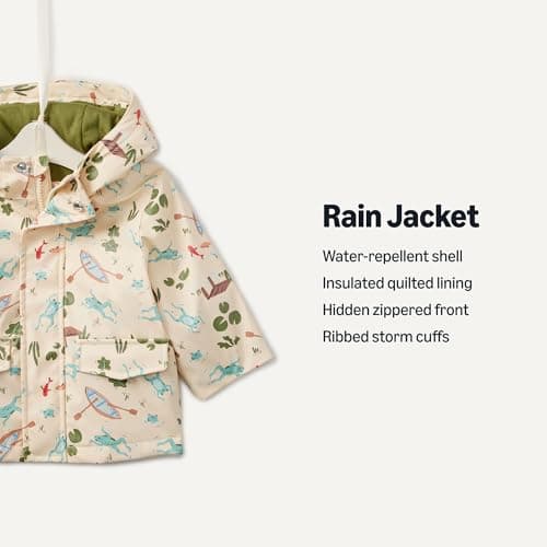 Amazon Essentials x Sofia Grainge Baby Boys' Water-Repellent Rain Jacket, Light Tan Frogs, 12 Months — view 2