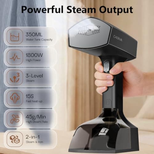 Cadrim Clothes Steamer, 1800W, 2 in 1 Portable Handheld Steamer with Ironing Option, 45g/min Powerful Steam, 350ml Water Tank, Steamer Clothing for Home, Travel and Office (Black) — view 3