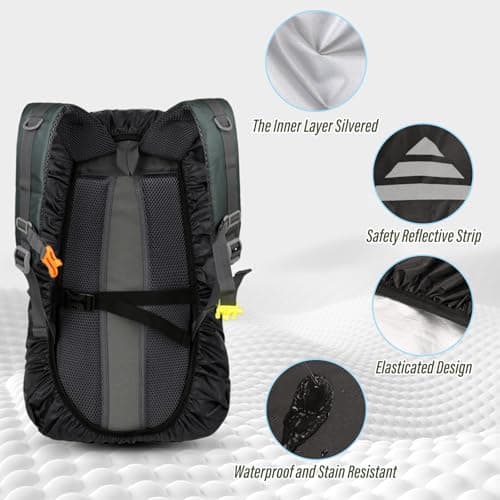 Fiohiros 2pcs Waterproof Backpack Cover with Reflective Strap (15-50L), Lightweight Foldable Rucksack Rain Cover Waterproof Rainproof Snowproof for Hiking Camping Touring Cycling (Black+Black, XS) — view 2