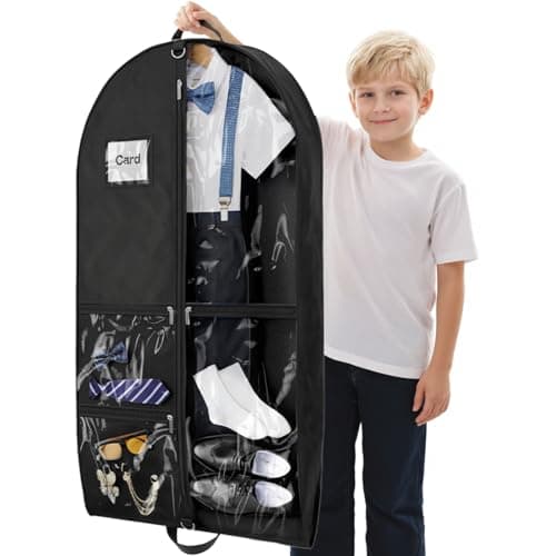 Costume Garment Bags for Dancers, Garment Bags with 3 Clear Zipper Pockets, Clothes Covers Protector Bags for Suits, Travel & Sports Jersey, Cheer Uniform, Cosplay (Black, 1 Pack (40inches))
