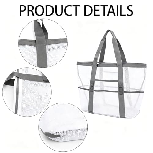 MUNKST Large Mesh Pool Tote Bag,Beach Bags for Women with Zip Waterproof Pocket,Summer Holiday Essentials Family Travel Bag,Reusable Shopping Grocery Shoulder Bag for Picnic Gym School (white) — view 5