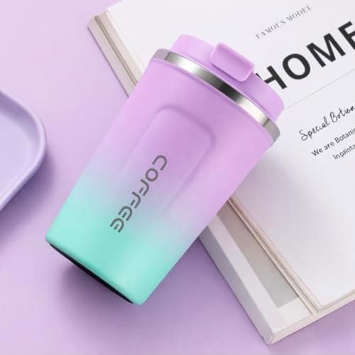 Insulated Travel Coffee Cup with Lid, Stainless Steel Band Travel Coffee Mugs Leak-Proof, Reusable Coffee Tea tumblers, Thermal Insulation Cups for Men Women hot & Cold Drinks (Purple-Mint) — view 2