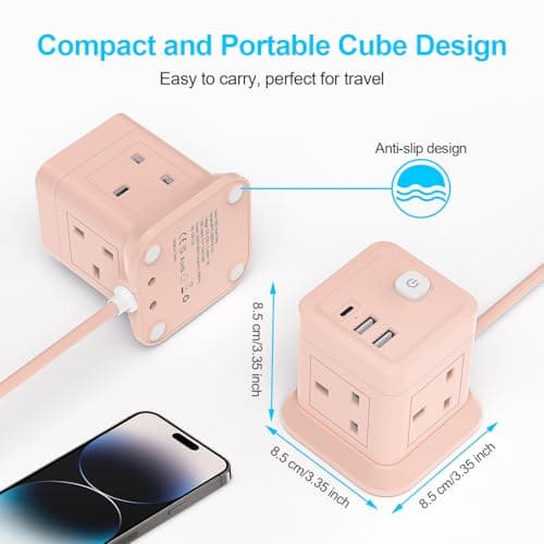 Cube Extension Lead with USB Slots, BEVA 4 Way Multi Plug Power Strip with 3 USB Ports, 3M Desktop Power Extension Socket Extension Cords for Home Dorm Office Travel-Pink — view 5