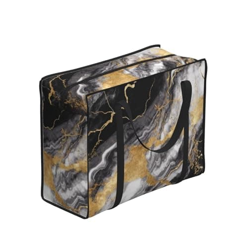 Heavy Duty Storage Tote With Zippers, Waterproof Large Moving Bags For Space Saving Black White Gold Foil Marble Storage Bags For Clothes, Bedding, Laundry & Home Organization