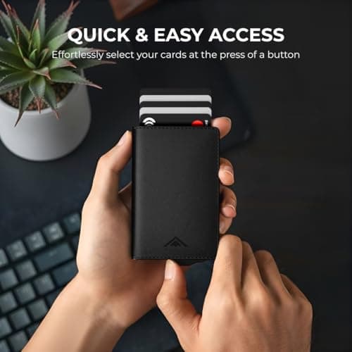 Stealth Wallet RFID Card Holder Wallet - Smart Minimalist Pop Up Wallets with Gift Box - Slim Lightweight Metal Credit Card Holders for Men & Contactless Protector (Silver Aluminium, Black Leather) — view 2