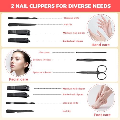Manicure Set, Portable Nail Clippers & Eyebrow Grooming Kit, Nail Care Tools, Pedicure Tool, Grooming Tools for Travel & Home, Gift for Men, Women, Friends and Parents (7 Pieces) (Black & Red) — view 2