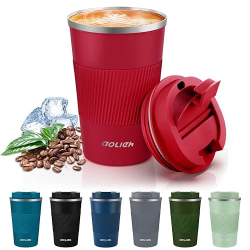 Aolieh Travel Mug 380 ml, Insulated Coffee Cup with Lid, Reusable Stainless Steel Thermal Cup for Coffee, Tea & Cold Drinks, Leak-Resistant Double-Walled Travel Mug, Red