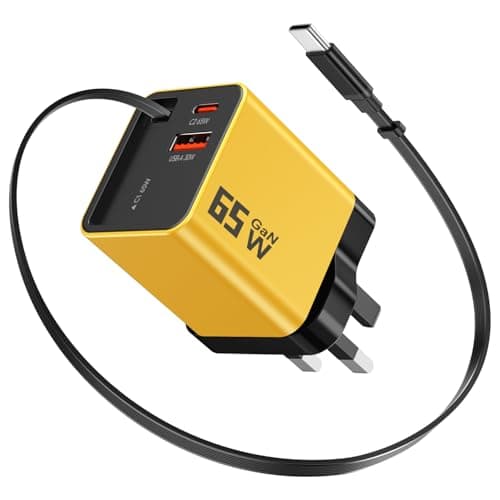 65W USB C Charger, GaN Fast Charging Plug with Retractable USB C Cable 0.7m, 2 USB C + USB A Ports, Compatible with MacBook Pro Air, iPhone 17 16 15 Pro Max, iPad, Samsung Galaxy S25 Ultra S24