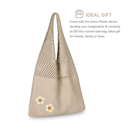 Kememo Crochet Tote Bag, Mesh Beach Tote Bag Knit Shoulder Bag Boho Casual Handbag for Shopping Travel School Work, Khaki — view 3