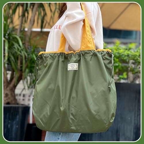 3PCS Reusable Shopping Bag Set, Lightweight Foldable Grocery Bags with Handles, Large Eco Drawstring Tote Bags, Drawstring Waterproof Shopper Bags Great Gift for Wedding Birthday Beach Women Mom — view 3