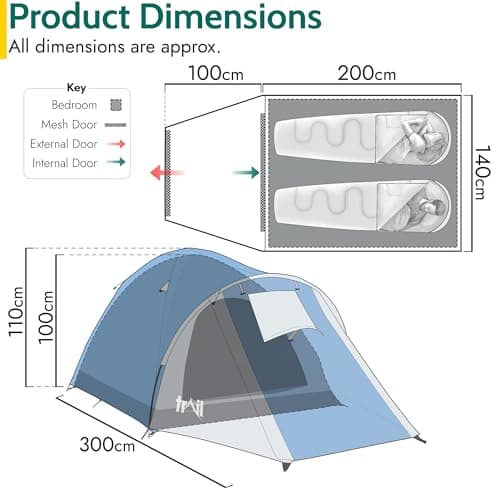 Trail Bracken 2 Man Tent with Porch, L300cm x W140cm x H110cm — view 6
