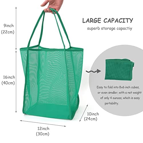 Mesh Beach Tote Bag for Sand Toys Kids Women Foldable Lightweight Durable Outdoor Shopping Travel Swim, Turquoise — view 3