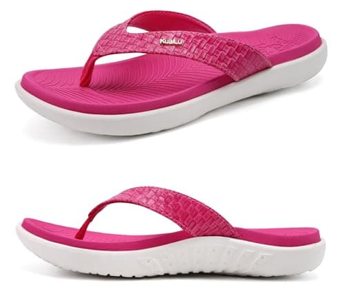 KuaiLu Womens Flip Flops Ladies Yoga Mat Comfortable Walking Thong Sandals with Plantar Fasciitis Arch Support Slip On Indoor Outdoor for Summer, Red White Size 7