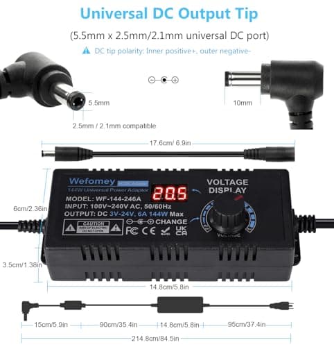 Universal Power Supply 3V~24V 6A 144W Adjustable Variable 3V 5V 9V 12V 18V 20V 24V AC/DC Adapter Charger, 100V-240V AC to DC Converter with 14 Tips, Polarity Converter and 4-Way Power Splitter Cable — view 6