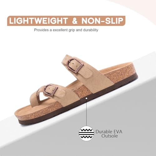 FITORY Women's Leather Sandals Comfort Cork Footbed Suede Taupe Size 7 — view 5