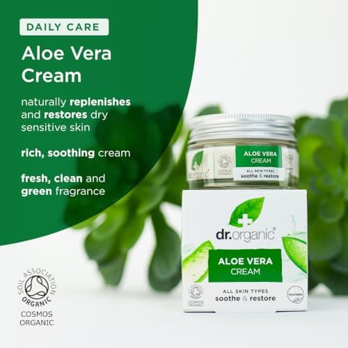 Dr Organic Aloe Vera Cream, Soothing, Mens, Womens, All Skin Types, Natural, Vegan, Cruelty-Free, Paraben & SLS-Free, Plastic Free, Recycled & Recyclable, Certified Organic, 50ml, Packaging may vary — view 2