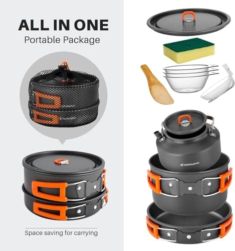 Odoland Camping Cookware Set, 10-Piece Outdoor Tableware with Camping Pot, Frying Pan and Teapot for Outdoor Cooking, Hiking, Traveling — view 2