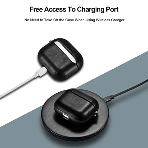 Case for AirPods 3 2021, ICARER Premium Genuine Leather Portable Shockproof Protective Case Cover for Apple AirPods 3rd 2021 Earphones Charging Case (LED Visible) Support Wireless Charger (Black) — view 4