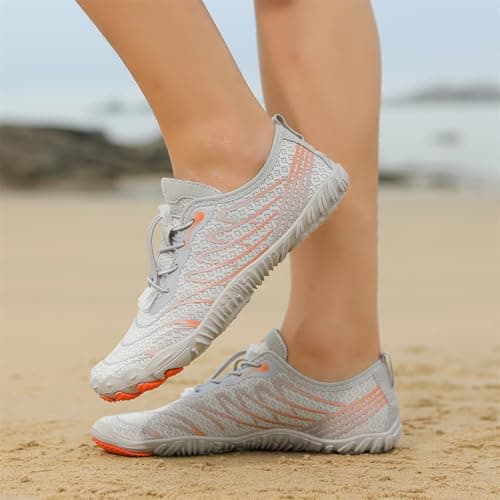 Shephorion Barefoot Water Shoes for Women Men, Quick Dry Aqua Beach Shoes with Wide Toe Box, Non-Slip for Swim Surf Diving Hiking Gym,Grey/Orange, 6.5 UK — view 2