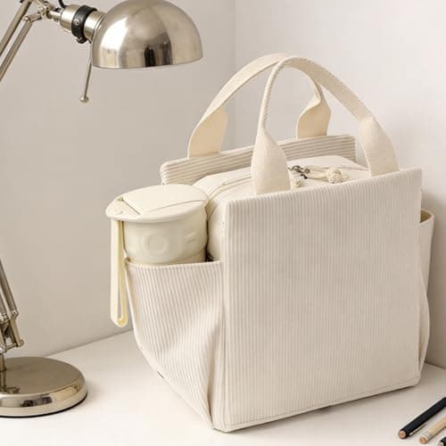 LoNinLoAn Corduroy Lunch Bag for Women, Large Insulated Food Tote, 13.5L — view 6