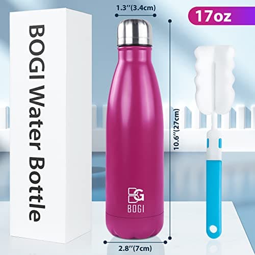 Bogi 17 Ounce Travel Mug Double-Walled Drinks Bottle Stainless Steel Water Bottle for Outdoor Sports Hiking Camping Cycling Office and Everyday Use, Cold For 12 Hours & 24 Hot + 1 Brush Gift, hot pink — view 2