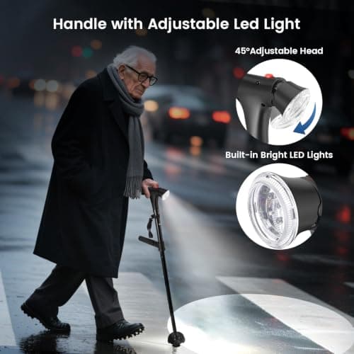 Adjustable Walking Stick with LED Light, Alarm, Dual Handle and Quad Base — view 3