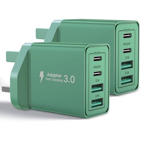 2Pack USB C Plug,40W 4-Port Fast USB C Charger Plug Dual Port PD Power Adapter + QC Mains Wall Chargers Type C Charger Plug for iPhone 17 16 15 14 13 12 Pro Max 8