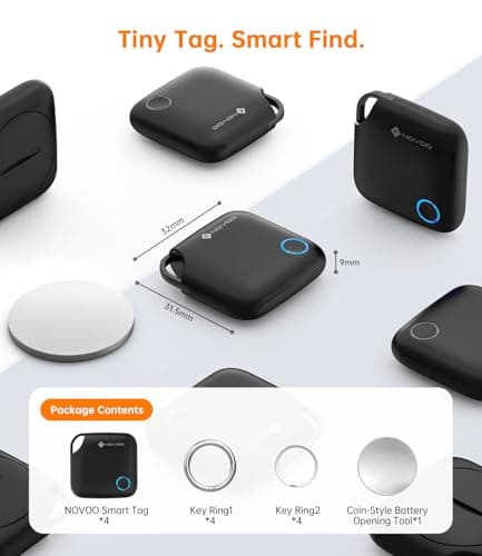 NOVOO Smart Tag for Apple Find My (iOS Only), Loud 80dB Alarm Item Finder, Replaceable Battery Tracker with Child-Safe Lock, Key & Wallet Tracker, Luggage Finder (4 Pack with Key Rings & Battery Tool) — view 2