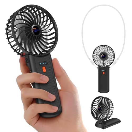 J-BRAUV Handheld Fan with Neck Strap, Small Hand Fan Rechargeable (Black)