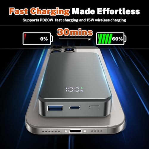 Magnetic Wireless Power Bank, 26800mAh Portable Charger, USB C in & Out Phone Battery Pack for iPhone 17/16/15/4/13/12 Series and Others Android Phones (Grey) — view 5