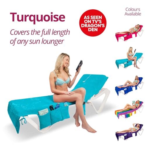 ITSA Velour Beach Towel with Pockets & Handles | 100% Cotton Foldable Sun Lounger Cover | Carry Bag | Secure Storage Beach Towel (Turquoise) — view 6