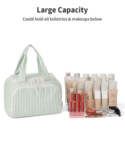 Narwey Large Toiletry Bag for Women, Travel Wash Bag Women for Full Size Toiletries, Wide Open Toiletries Bag Makeup Cosmetic Organizer Bag for Essentials Accessories (Mint Green Stripe) — view 6