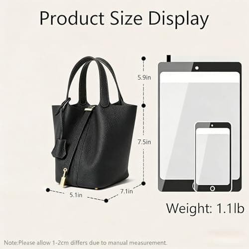 Genuine Leather Handbag for Women: Shoulder Bag with Lock Design, Versatile and Top Handle, Fashionable Vegetable Basket, Black/White, 7.5 x 5.9 x 7.1 pulgadas — view 3