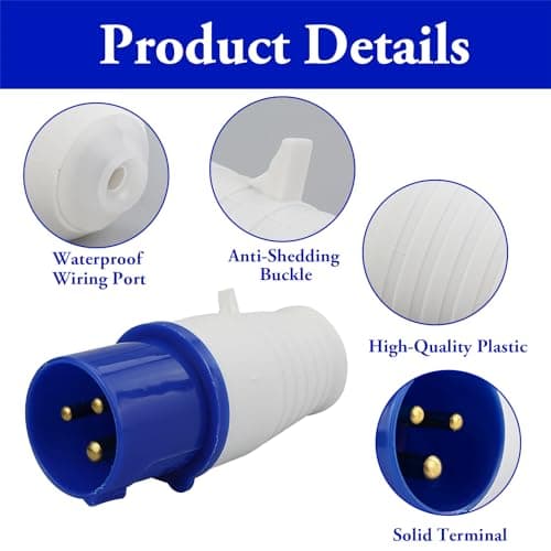 HXMJIED 16A 240V Site Trailing Plug & Socket 230V 16A 3 Pin PCE 240 Volt Blue Hook Up, Weather Proof Industrial Socket, Industrial 16A Plug & Sockets 1 Set (Blue) — view 6