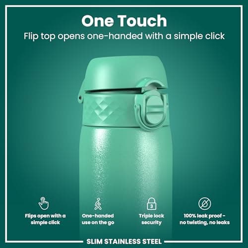 Ion8 Lightweight Steel Water Bottle, 600 ml/20 oz, Non-Insulated, Leak Proof, Easy to Open, Secure Lock, Dishwasher Safe, Flip Cover, Fits Cup Holders, Carry Handle, Metal Water Bottle, Teal Green — view 4